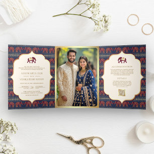 Navy Blau Burgund Gold Elefant Indische Hochzeit Dreifach Gefaltete Einladung