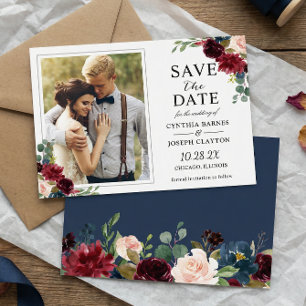 Navy Blau Burgund Rustikale Florale Hochzeitsfotos Save The Date