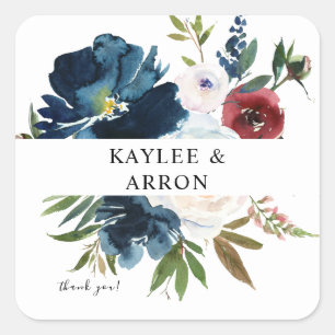 Navy Blau, Burgund & Weiße Blumen Dankeschön Quadratischer Aufkleber