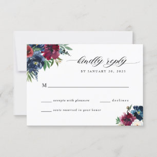 Navy Blau Burgunderrot Florale Blüten Wasserfarbe  RSVP Karte
