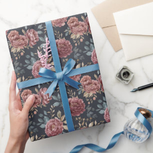 Navy Blau Burgunderrot Florales Geburtstags- Geschenkpapier
