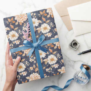 Navy Blau Creme Pfirsich Blumenmuster Geschenkpapier