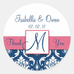 Navy Blau Damast Rosa Hochzeit Danke Aufkleber