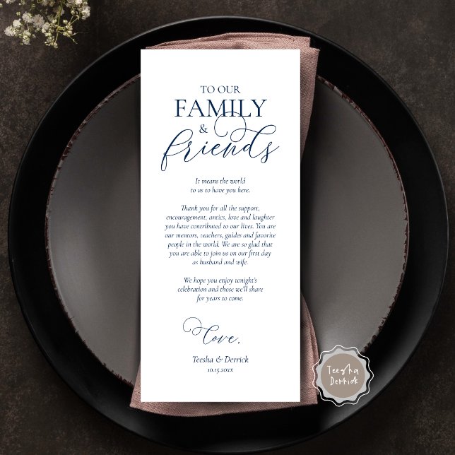 Navy Blau, Dinner Place Einstellung Danke Karte (Wedding Dinner Place Setting Thank You Card, Modern Romantic Script, Plate Decor, Navy Blue)