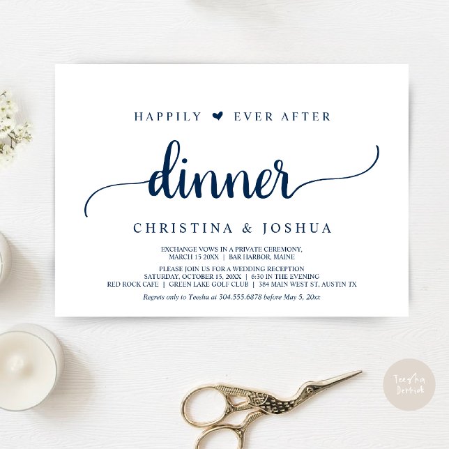 Navy Blau, Elopement, glücklich immer nach dem Abe Einladung (Happily Ever After Dinner Invitation Card, Modern Elopement Rustic Script, PDF, Navy Blue)