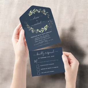 Navy Blau Eukalyptus Grün Hochzeit Elegant All In One Einladung