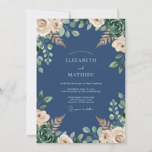 Navy-Blau exquisite botanische Hochzeit Einladung
