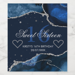 Navy Blau & Fauxsilber-Glitter-Achat Sweet 16 Weinetikett