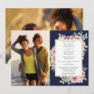 Navy Blau Floral Gold 2 Fotos Hochzeit Einladung