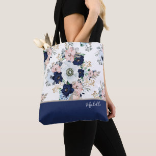 Navy-Blau Florale Rose mit Namen Tasche