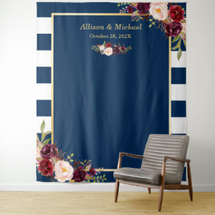 Navy Blau gestreifter burgunderfarbener Blumen-Hoc Wandteppich