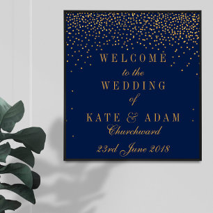 Navy Blau & Glamour Gold Konfetti Hochzeitsbegrüßu Poster