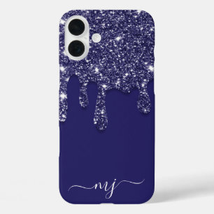 Navy Blau Glitter-Drip Custom-Monogramm iPhone 16 Plus Hülle