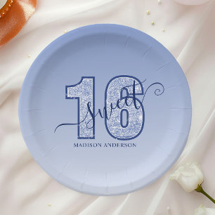 Navy Blau Glitter Schriftzug Sweet 16 Pappteller