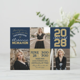 Navy Blau & Gold 3 Foto-Abschlusseinladung Einladung