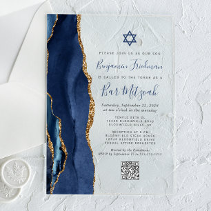 Navy Blau Gold Achat QR-Code Bar Mitzwa Acryleinladungen