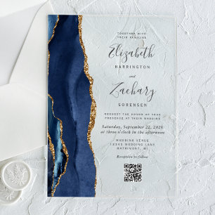 Navy Blau Gold Achat QR Code Hochzeit Acryleinladungen