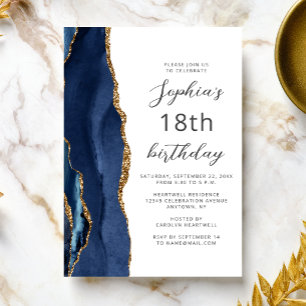 Navy Blau Gold Achat Schrift 18. Geburtstag Einladung