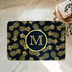 Navy Blau Gold Ananas Muster Monogramm Badematte