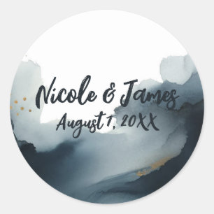 Navy Blau & Gold Aquarell-Hochzeit Runder Aufkleber