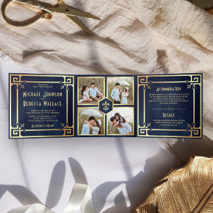 Navy Blau Gold Art Deco Foto Collage Hochzeit Dreifach Gefaltete Einladung