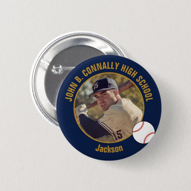 Navy Blau Gold Baseballspieler Foto High School Button (Vorne & Hinten)
