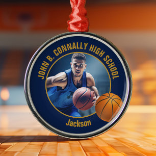 Navy Blau Gold Basketballspieler Foto Weihnachten Ornament Aus Metall