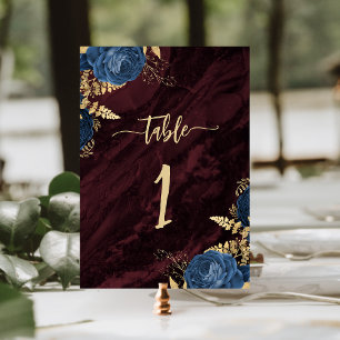 Navy Blau Gold Blumen Burgund Hochzeit Tischnummer