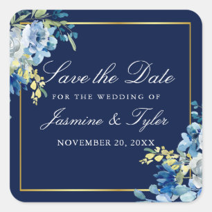 Navy Blau Gold Blumen Elegant Save-the-Date Quadratischer Aufkleber