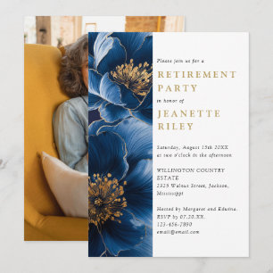 Navy Blau Gold Blumen Ruhestand Feier Foto Einladung