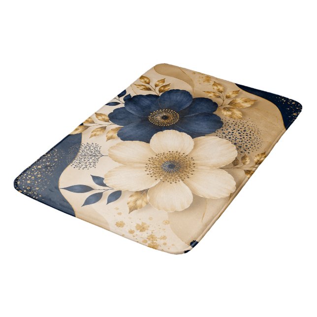 Navy Blau & Gold Botanisches Blumenmuster Badematte (Schrägansicht)