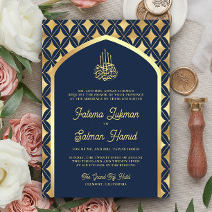 Navy Blau Gold Diamanten Bogen Muslimische Hochzei Einladung