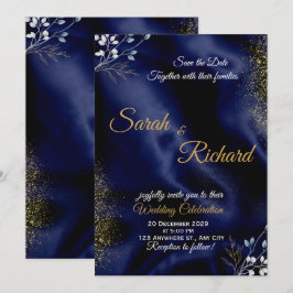 Navy Blau Gold Elegante Hochzeits-Einladung Einladung
