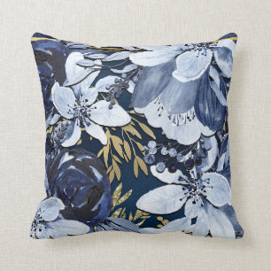 Navy Blau & Gold Elegantes Modernes Wasserfarben-B Kissen