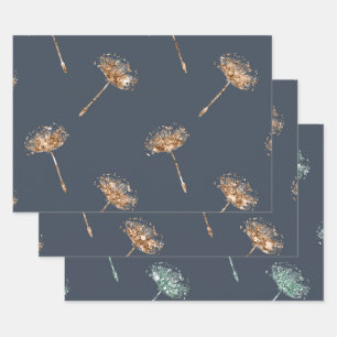 Navy Blau Gold Falscher Glitter Löwenzahn Blumen Geschenkpapier Set