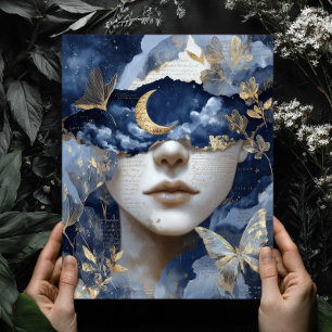 Navy Blau Gold Fantasy Surrealer Mond Frau Wandkun Poster