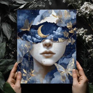 Navy Blau Gold Fantasy Surrealer Mond Frau Wandkun Poster