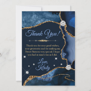 Navy Blau & Gold Faux Glitter Achat Sweet 16 Dankeskarte
