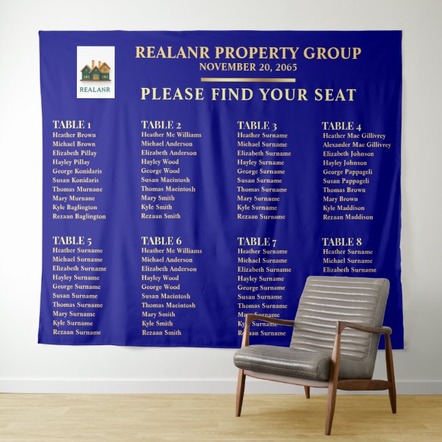 Navy Blau Gold Firmen Sitzplan Logo Wandteppich (Beispiel (Horizontal))