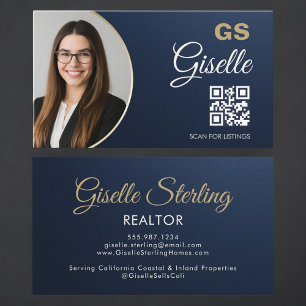 Navy Blau Gold Foto Makler QR-Code Metallisch Visitenkarte