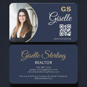 Navy Blau Gold Foto Monogramm Realtor QR Code Visitenkarte