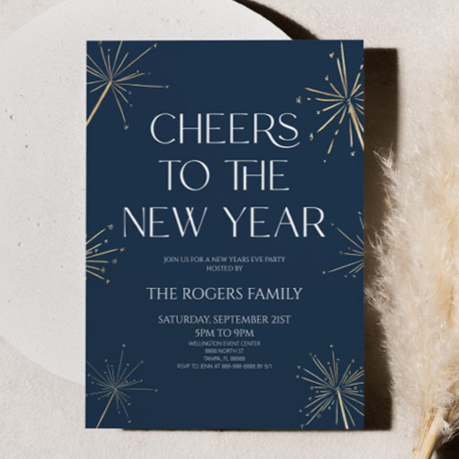 Navy Blau Gold Funken Feuerwerk Silvesterparty Einladung (Von Creator hochgeladen)