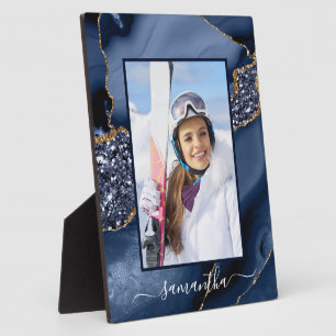Navy Blau Gold Glitter Agate Elegantes Namensfoto Fotoplatte