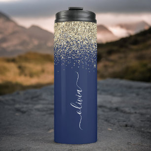 Navy Blau Gold Glitter Mädchen Monogramm Name Thermosbecher