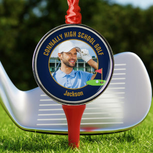 Navy Blau Gold Golfer Foto High School Golfteam Ornament Aus Metall