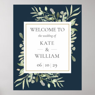 Navy Blau Gold Grün Hochzeit Willkommensschild Poster