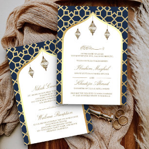 Navy Blau Gold Hängende Laternen Muslimische Hochz Einladung