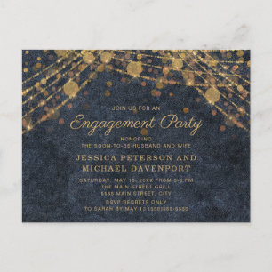 Navy Blau Gold Lichterkette Verlobungsfeier Postkarte