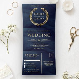 Navy Blau Gold Lorbeer Minimal All-in-One-Hochzeit Dreifach Gefaltete Einladung