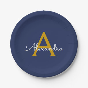 Navy Blau Gold Mädchenname Skript Monogramm Modern Pappteller